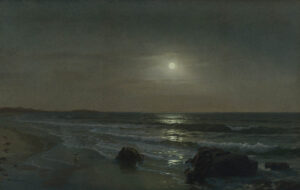 Moonlit seascape with rocky coastline and crashing waves under full moon, atmospheric night ocean scene.
