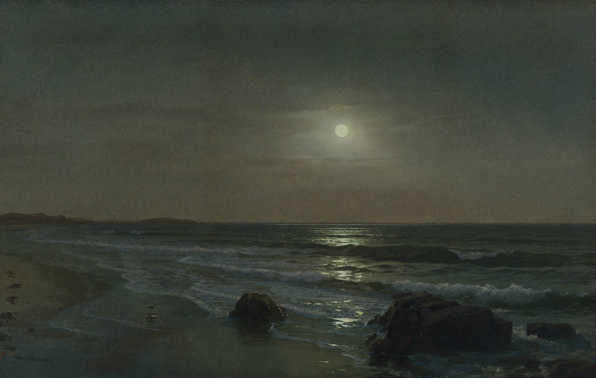 Moonlit seascape with rocky coastline and crashing waves under full moon, atmospheric night ocean scene.